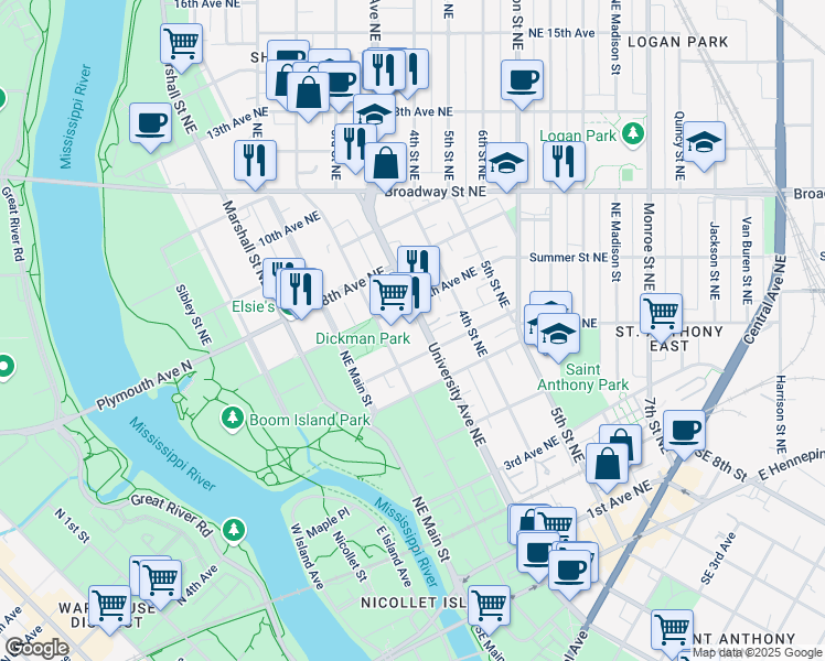 map of restaurants, bars, coffee shops, grocery stores, and more near 622 University Avenue Northeast in Minneapolis