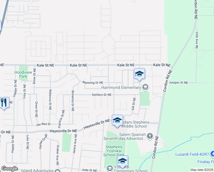 map of restaurants, bars, coffee shops, grocery stores, and more near 4865 Manning Drive Northeast in Salem