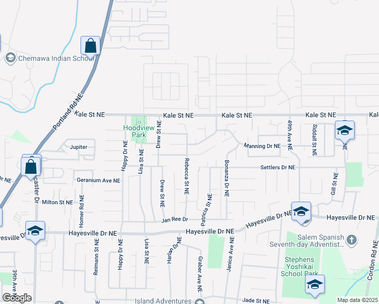 map of restaurants, bars, coffee shops, grocery stores, and more near 4906 Rebecca Street Northeast in Salem