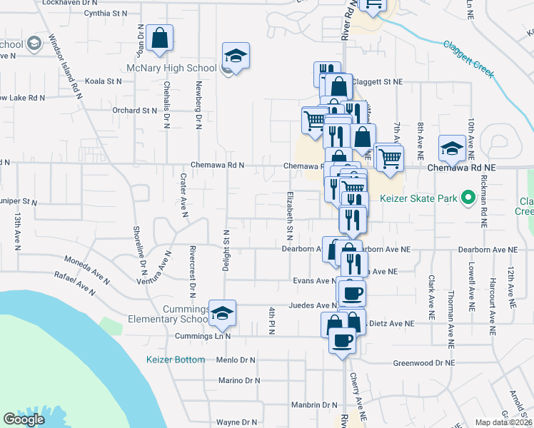 map of restaurants, bars, coffee shops, grocery stores, and more near 4934 Fillmore Street North in Keizer