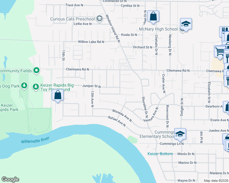map of restaurants, bars, coffee shops, grocery stores, and more near 1129 Juniper Street North in Keizer
