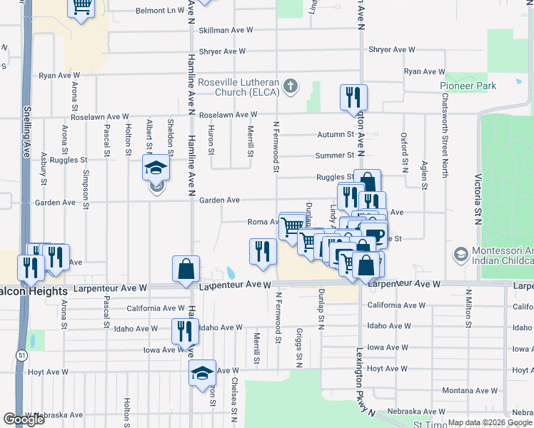 map of restaurants, bars, coffee shops, grocery stores, and more near 1215 Garden Avenue in Roseville