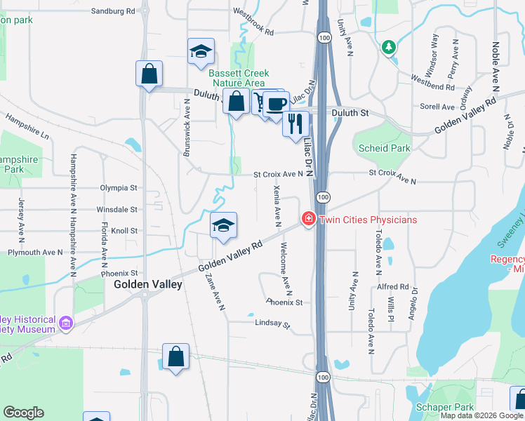 map of restaurants, bars, coffee shops, grocery stores, and more near 1533 Xenia Avenue North in Minneapolis
