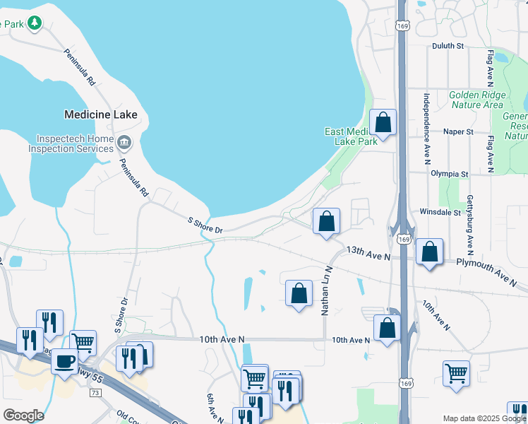 map of restaurants, bars, coffee shops, grocery stores, and more near 10128 South Shore Drive in Minneapolis
