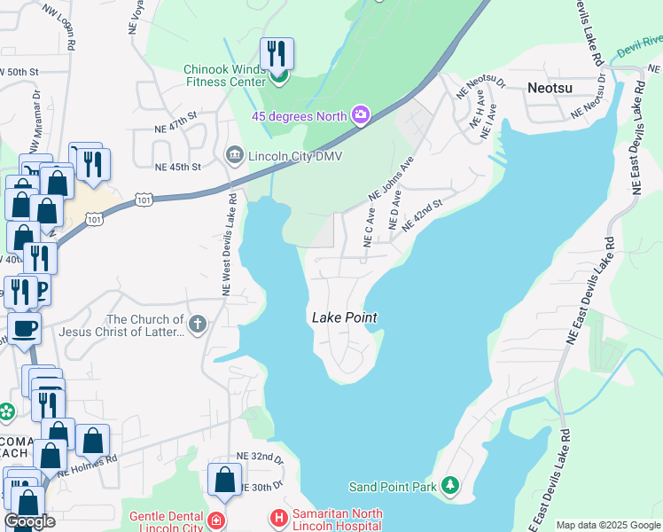 map of restaurants, bars, coffee shops, grocery stores, and more near 4005 Northeast Johns Avenue in Neotsu