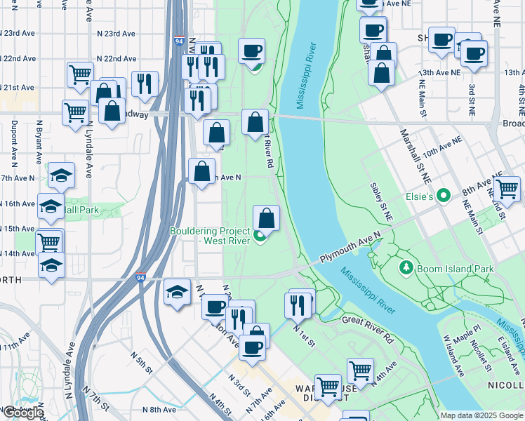 map of restaurants, bars, coffee shops, grocery stores, and more near 1601 West River Road North in Minneapolis