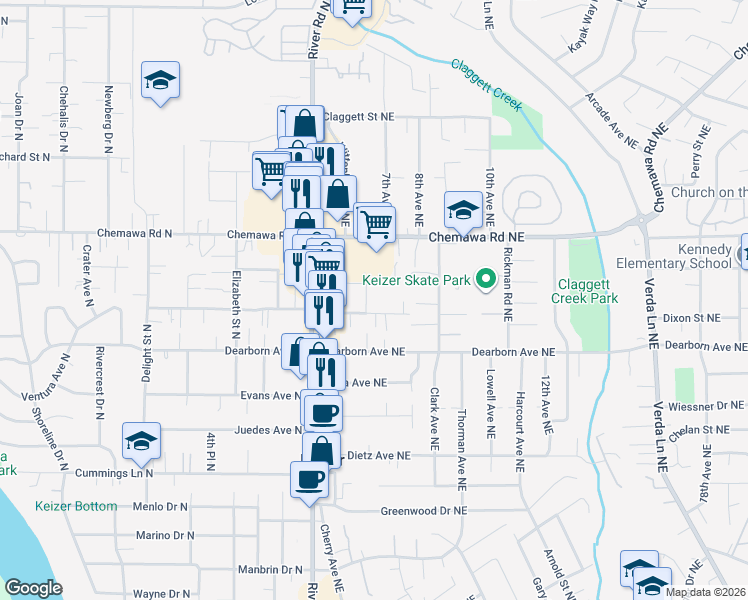 map of restaurants, bars, coffee shops, grocery stores, and more near 4938 6th Avenue Northeast in Keizer