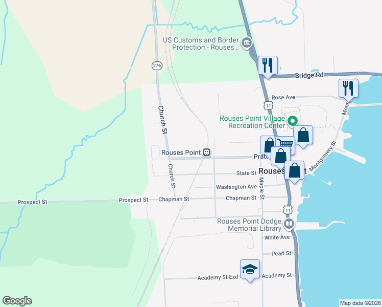 map of restaurants, bars, coffee shops, grocery stores, and more near 80 Pratt St in Rouses Point