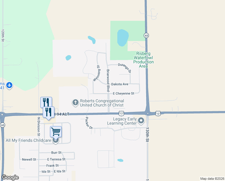 map of restaurants, bars, coffee shops, grocery stores, and more near 402 Dakota Avenue in Roberts