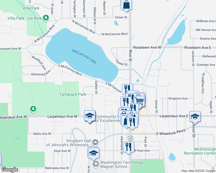map of restaurants, bars, coffee shops, grocery stores, and more near 261 South McCarron Boulevard in Roseville