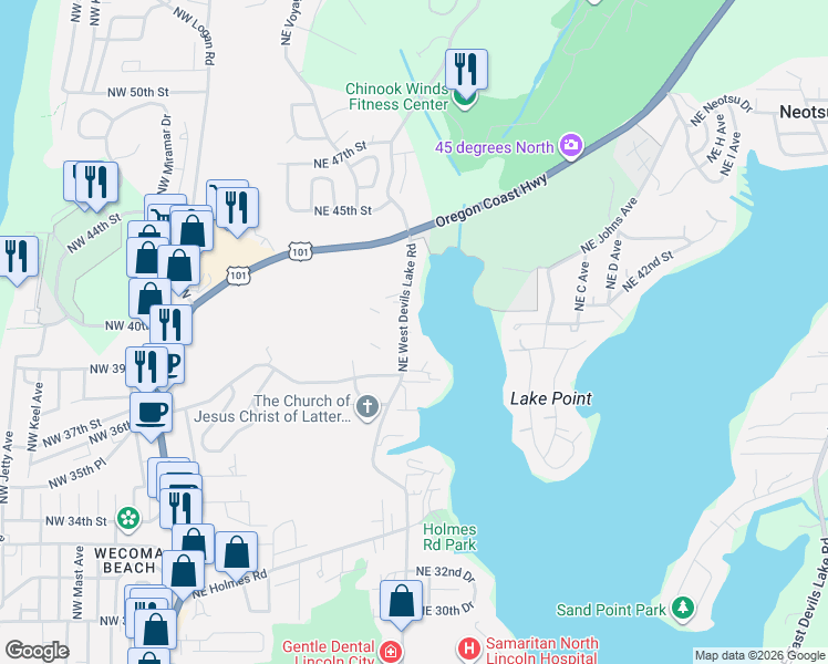 map of restaurants, bars, coffee shops, grocery stores, and more near 4006 Northeast West Devils Lake Road in Lincoln City