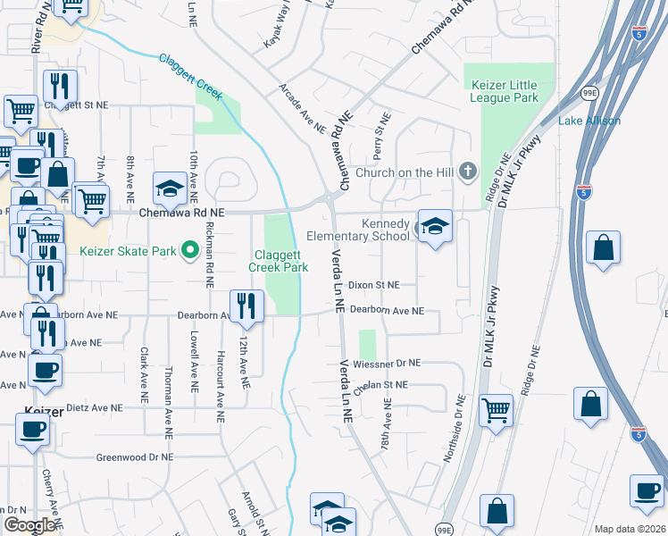 map of restaurants, bars, coffee shops, grocery stores, and more near 4892 Verda Lane Northeast in Keizer