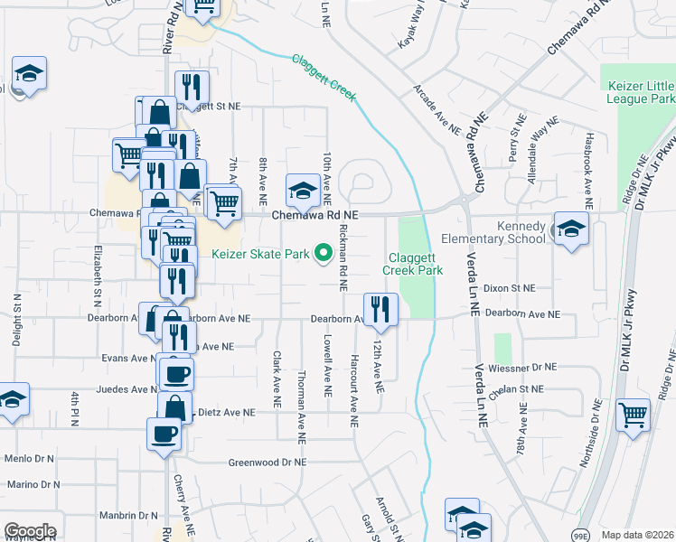 map of restaurants, bars, coffee shops, grocery stores, and more near 4950 Rickman Road Northeast in Keizer