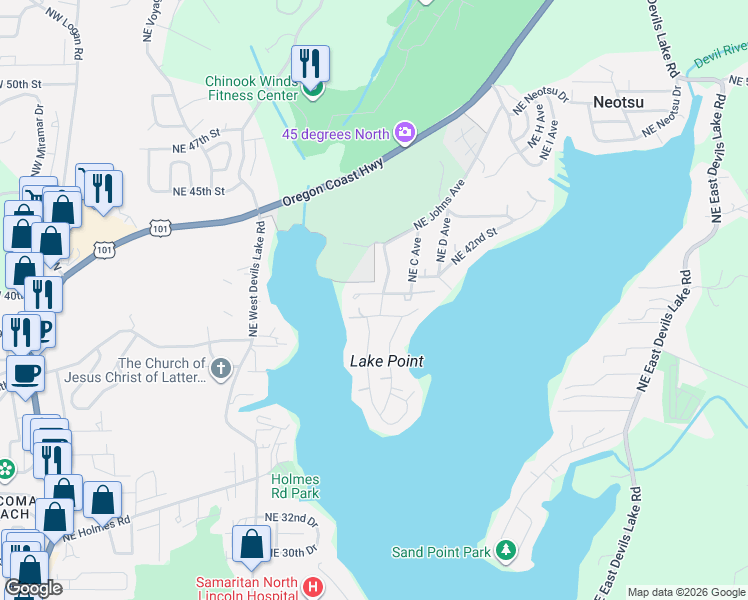 map of restaurants, bars, coffee shops, grocery stores, and more near 4005 Northeast Johns Avenue in Neotsu