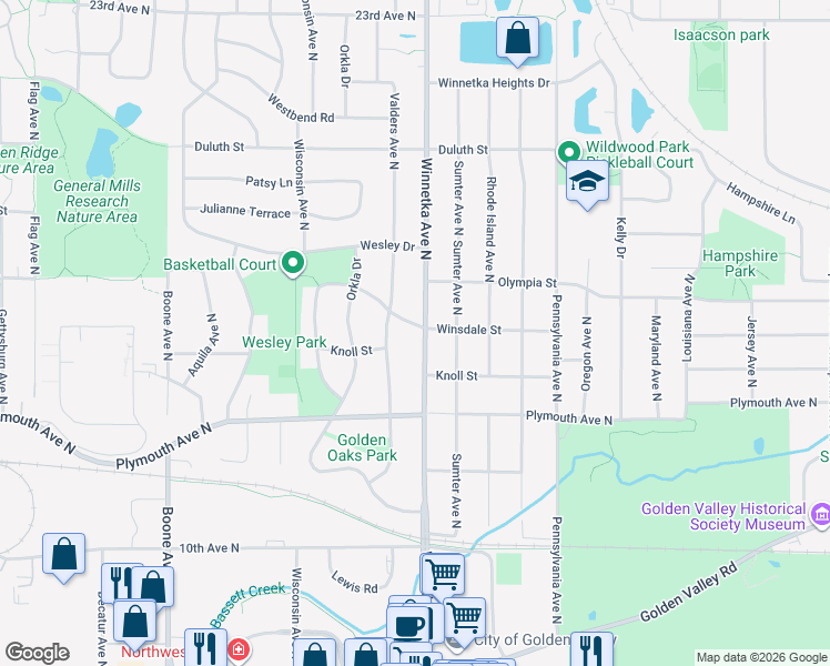 map of restaurants, bars, coffee shops, grocery stores, and more near 7900 Winsdale Street North in Minneapolis