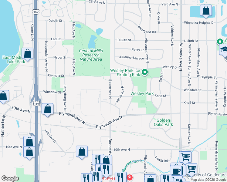 map of restaurants, bars, coffee shops, grocery stores, and more near 1520 Boone Avenue North in Minneapolis