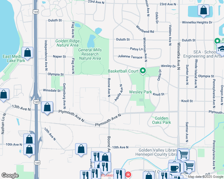 map of restaurants, bars, coffee shops, grocery stores, and more near 1520 Boone Avenue North in Minneapolis