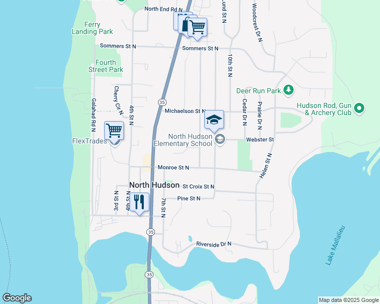 map of restaurants, bars, coffee shops, grocery stores, and more near 736 Lynn Circle North in Hudson