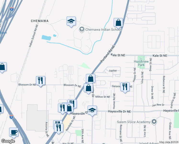 map of restaurants, bars, coffee shops, grocery stores, and more near 4889-4893 Portland Road Northeast in Salem