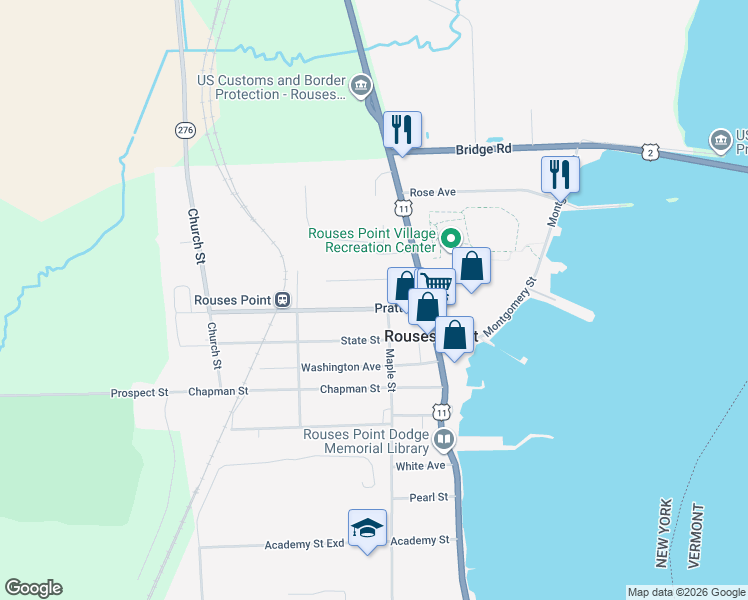 map of restaurants, bars, coffee shops, grocery stores, and more near 20 Manor Drive in Rouses Point
