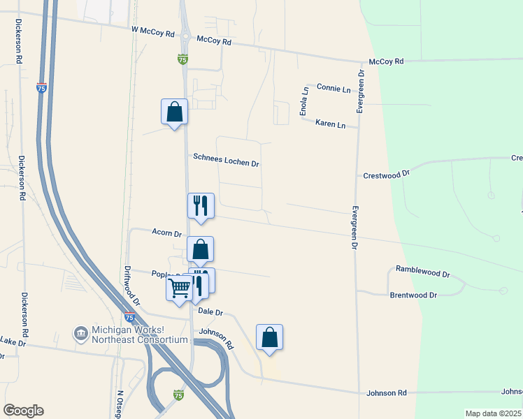 map of restaurants, bars, coffee shops, grocery stores, and more near 300 Warmer-Tag Drive in Gaylord