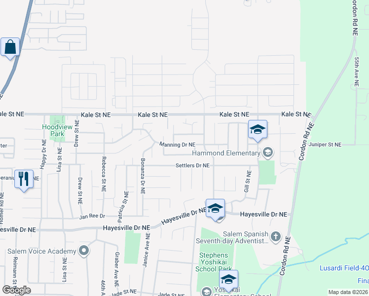 map of restaurants, bars, coffee shops, grocery stores, and more near 4794 Manning Drive Northeast in Salem