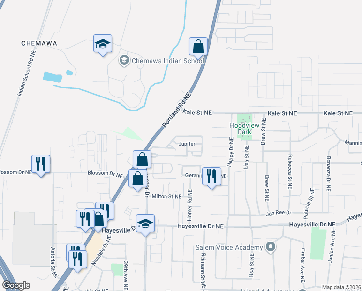 map of restaurants, bars, coffee shops, grocery stores, and more near 4904 Oregon 99E in Salem