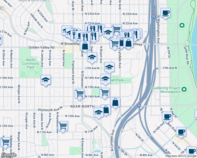map of restaurants, bars, coffee shops, grocery stores, and more near 904 North 16th Avenue in Minneapolis