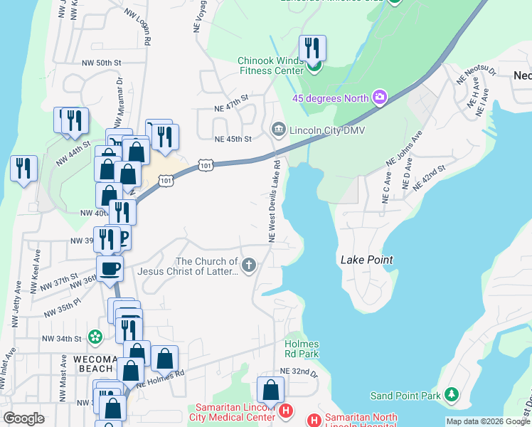 map of restaurants, bars, coffee shops, grocery stores, and more near 3939 Northeast West Devils Lake Road in Lincoln City