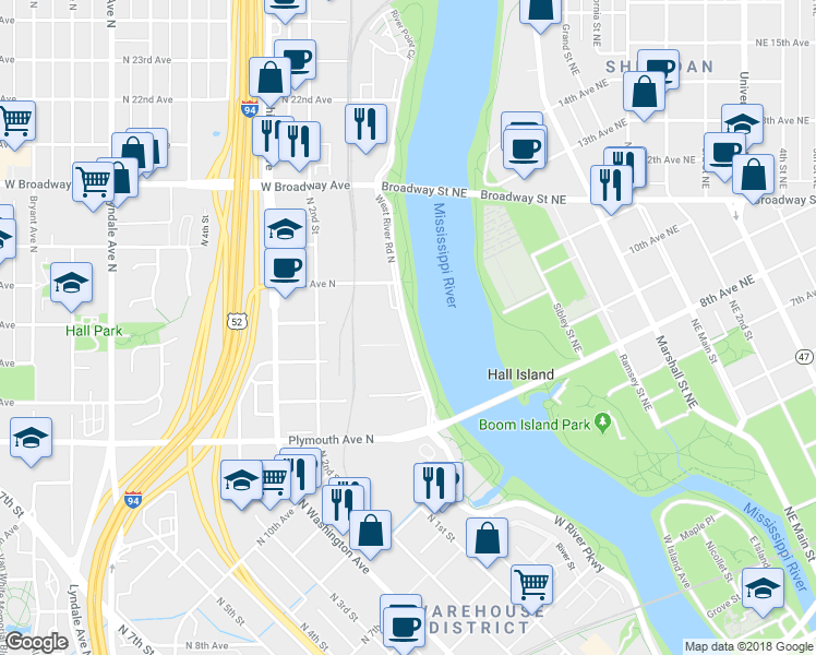 map of restaurants, bars, coffee shops, grocery stores, and more near 1582 West River Road North in Minneapolis