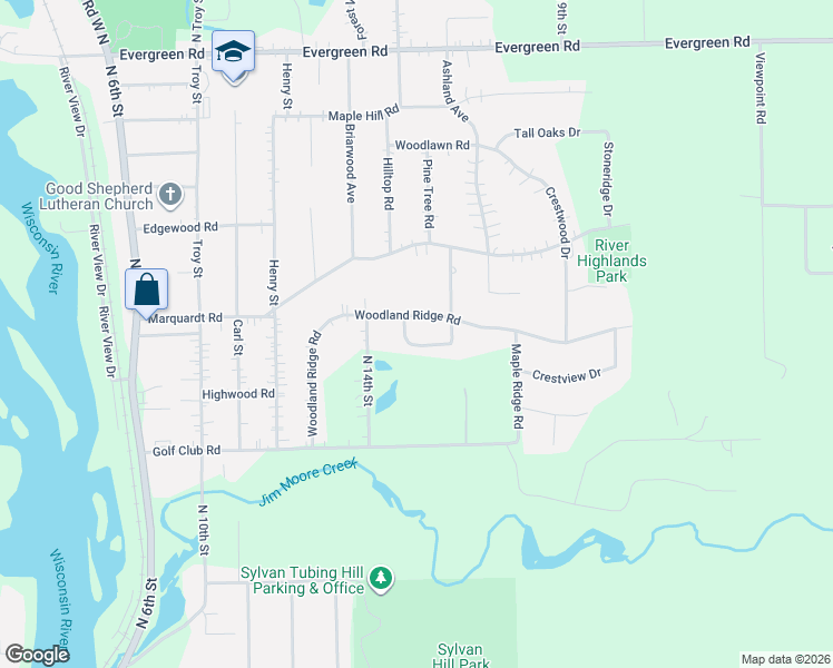 map of restaurants, bars, coffee shops, grocery stores, and more near 1505 Woodland Ridge Road in Wausau