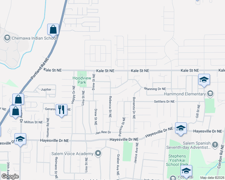 map of restaurants, bars, coffee shops, grocery stores, and more near 4906 Rebecca Street Northeast in Salem