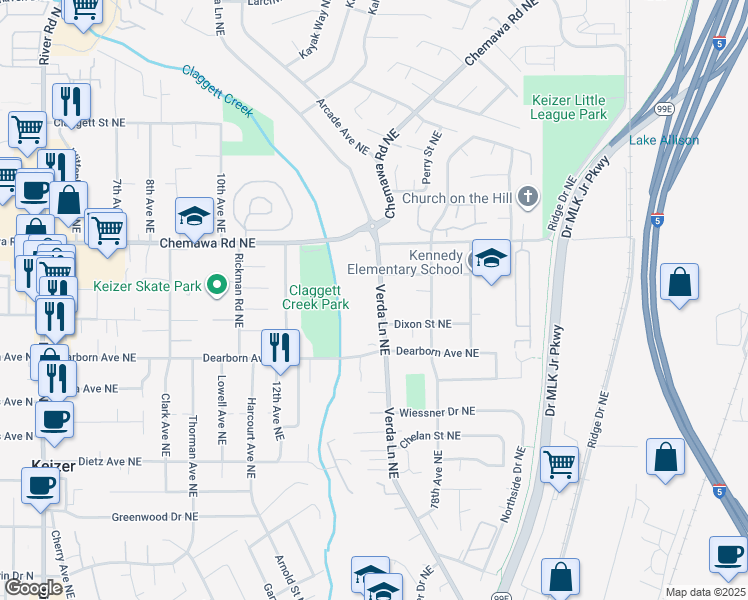 map of restaurants, bars, coffee shops, grocery stores, and more near 4845 Verda Lane Northeast in Keizer