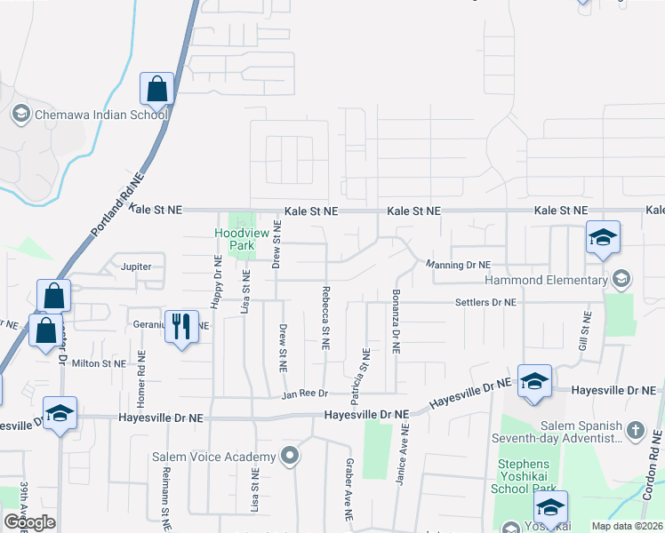 map of restaurants, bars, coffee shops, grocery stores, and more near 4906 Rebecca Street Northeast in Salem
