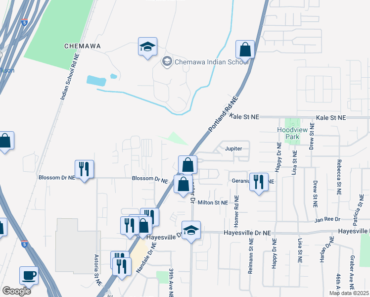 map of restaurants, bars, coffee shops, grocery stores, and more near 4889 Portland Road Northeast in Salem