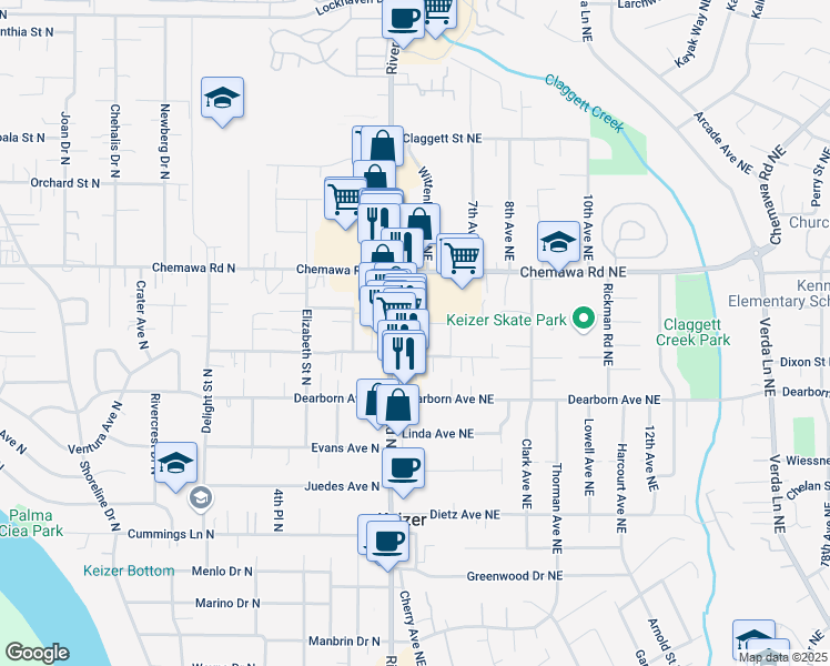 map of restaurants, bars, coffee shops, grocery stores, and more near 640 Arleta Place Northeast in Keizer