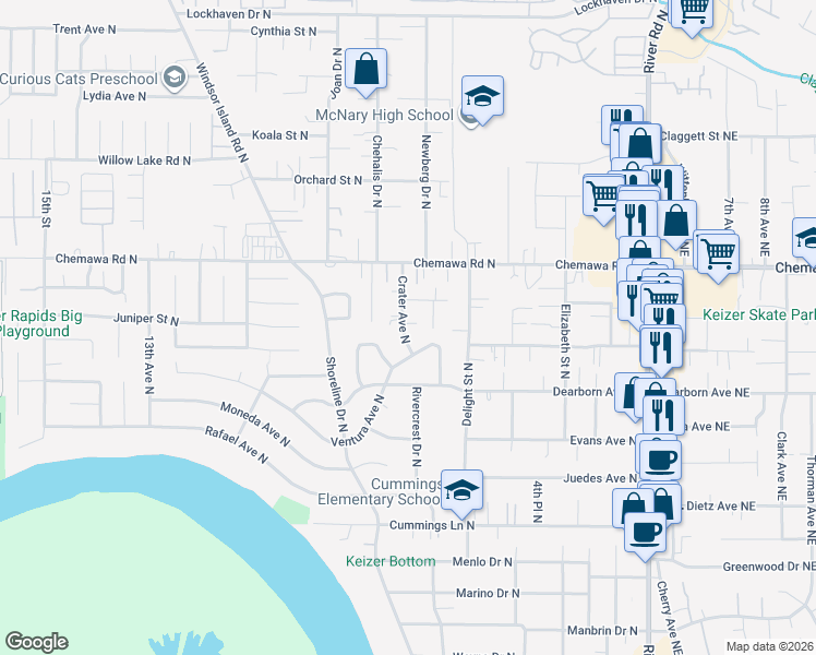 map of restaurants, bars, coffee shops, grocery stores, and more near 4910 Crater Avenue North in Keizer