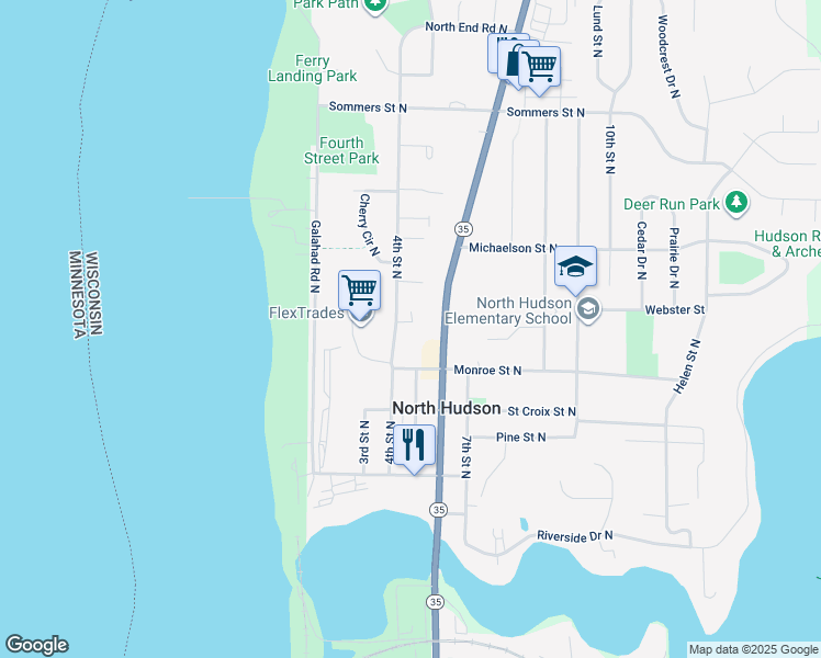map of restaurants, bars, coffee shops, grocery stores, and more near 520 4th Street North in Hudson