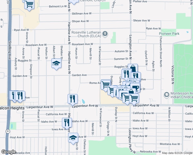 map of restaurants, bars, coffee shops, grocery stores, and more near 1215 Garden Avenue in Roseville