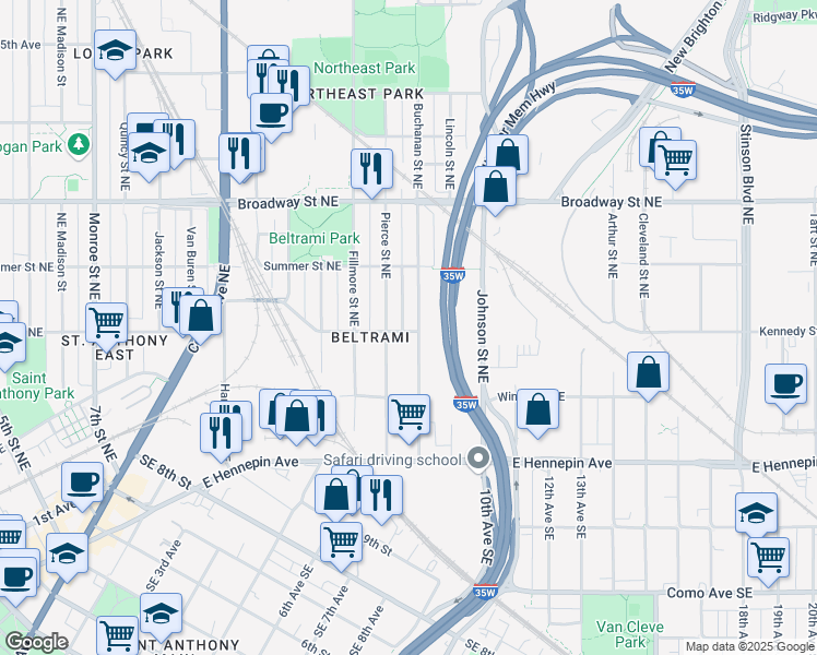 map of restaurants, bars, coffee shops, grocery stores, and more near 610 Buchanan Street Northeast in Minneapolis