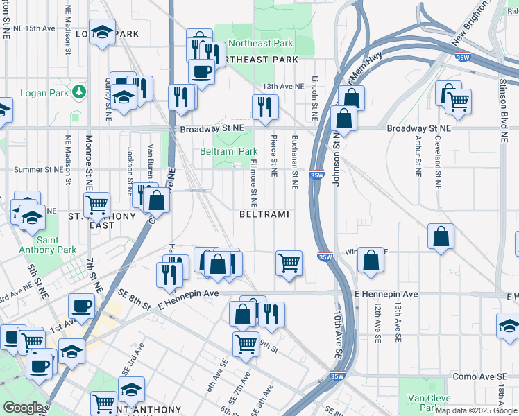 map of restaurants, bars, coffee shops, grocery stores, and more near 614 Pierce Street Northeast in Minneapolis