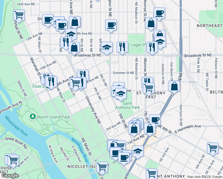 map of restaurants, bars, coffee shops, grocery stores, and more near in Minneapolis