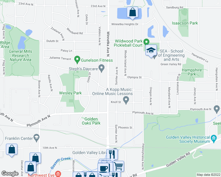 map of restaurants, bars, coffee shops, grocery stores, and more near 1517 Sumter Avenue North in Minneapolis