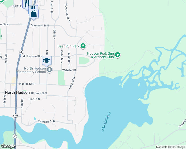 map of restaurants, bars, coffee shops, grocery stores, and more near 1539 Riverside Drive North in Hudson