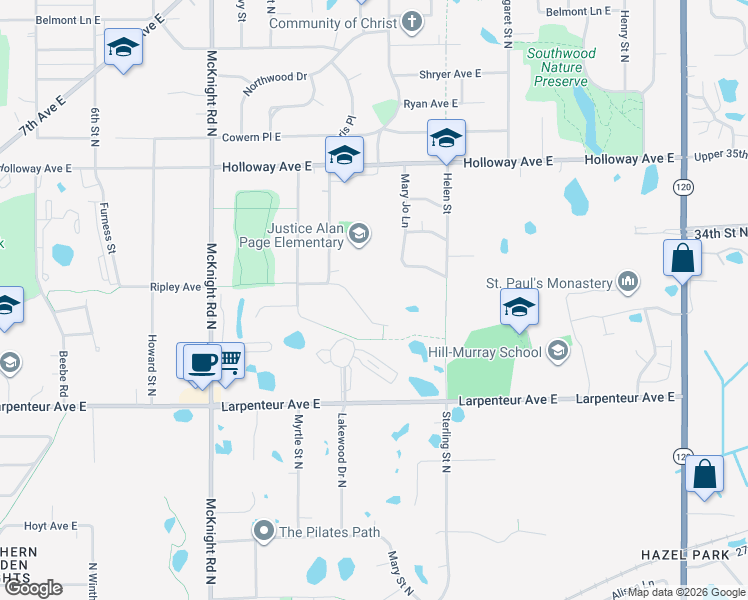 map of restaurants, bars, coffee shops, grocery stores, and more near 1778 Lakewood Drive North in Maplewood