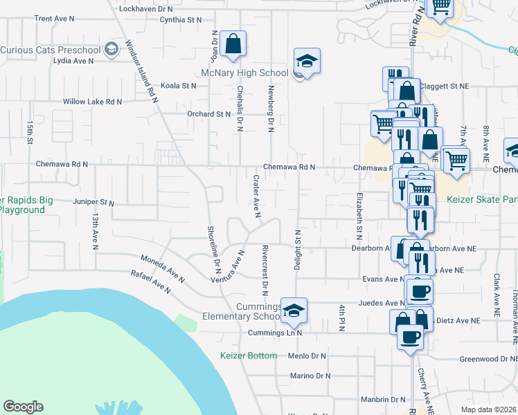 map of restaurants, bars, coffee shops, grocery stores, and more near 4910 Crater Avenue North in Keizer