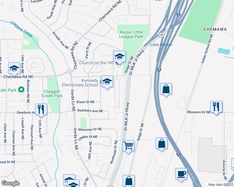 map of restaurants, bars, coffee shops, grocery stores, and more near 2025 Kennedy Circle Northeast in Keizer