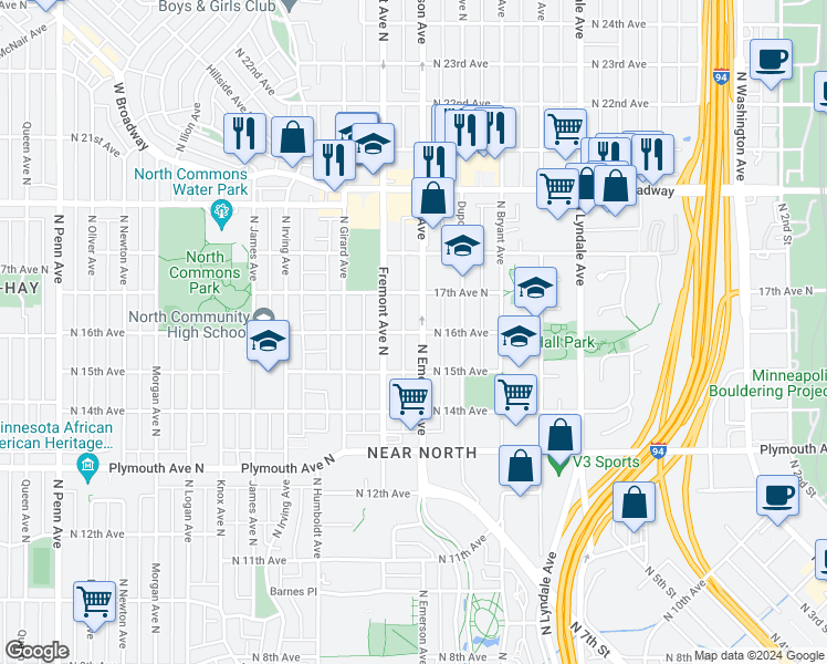 map of restaurants, bars, coffee shops, grocery stores, and more near 1122 N 16th Ave in Minneapolis