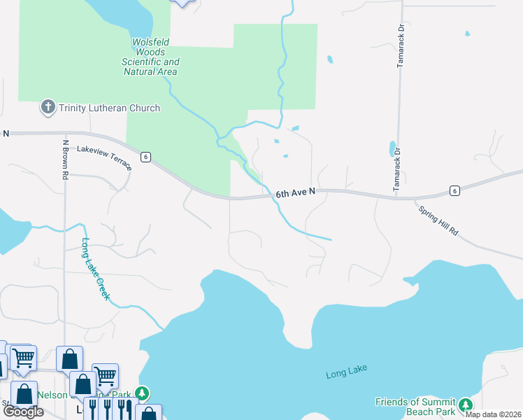 map of restaurants, bars, coffee shops, grocery stores, and more near 1600 Long Lake Boulevard in Long Lake