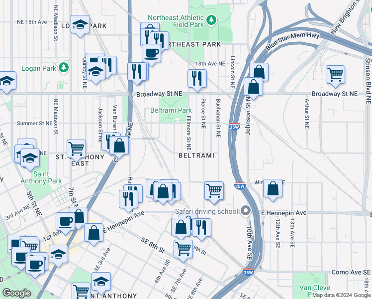 map of restaurants, bars, coffee shops, grocery stores, and more near 611 Northeast Taylor Street in Minneapolis